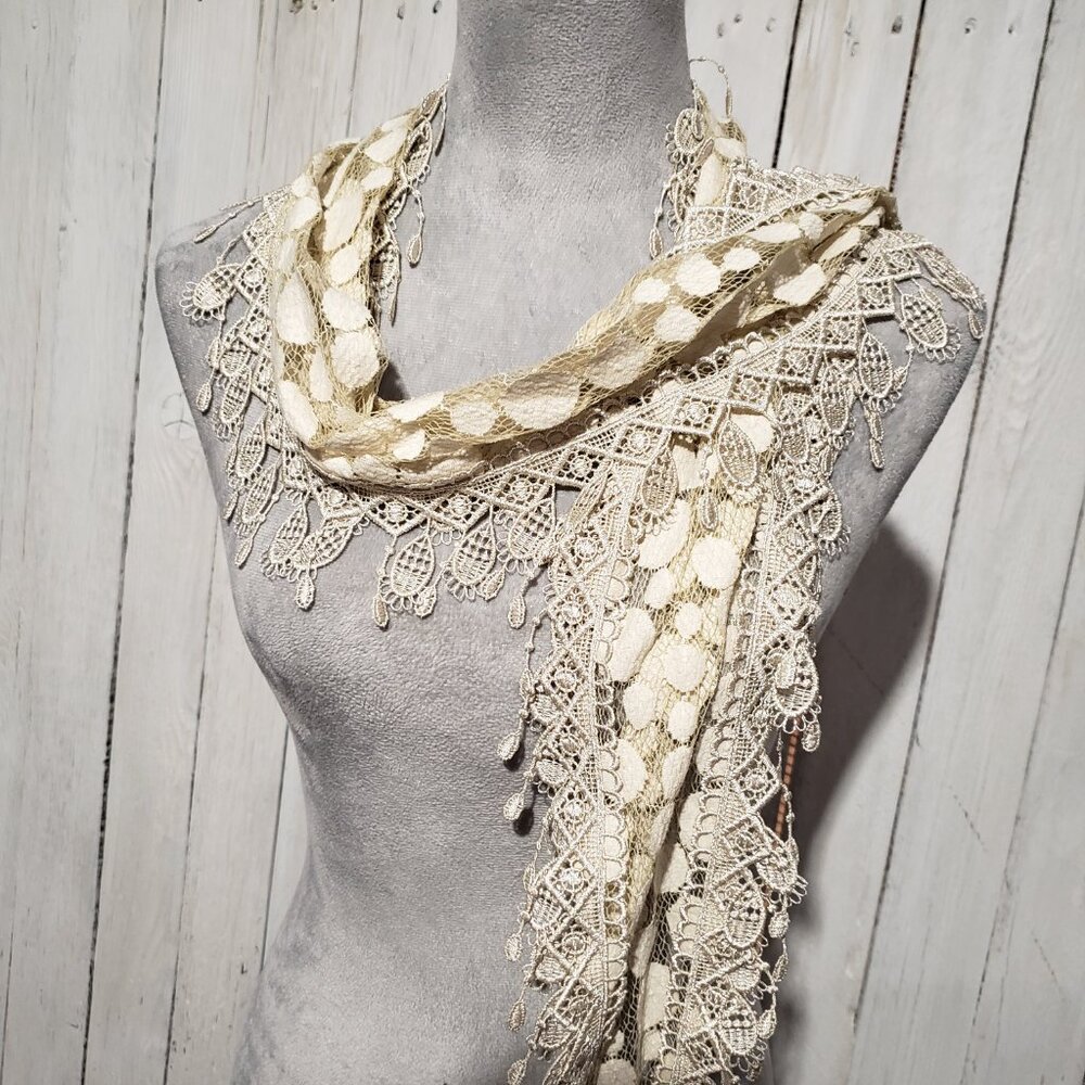 Women's Scarf Cream Beige Fringe Sheer Mesh Lace Cottage Boho Coastal Coquette - Picture 5 of 7